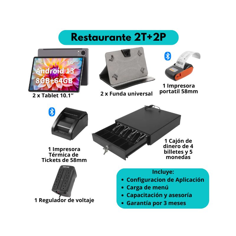 Kit restaurante con dispositivo comandero impresora portatil y de caja 2T+2P